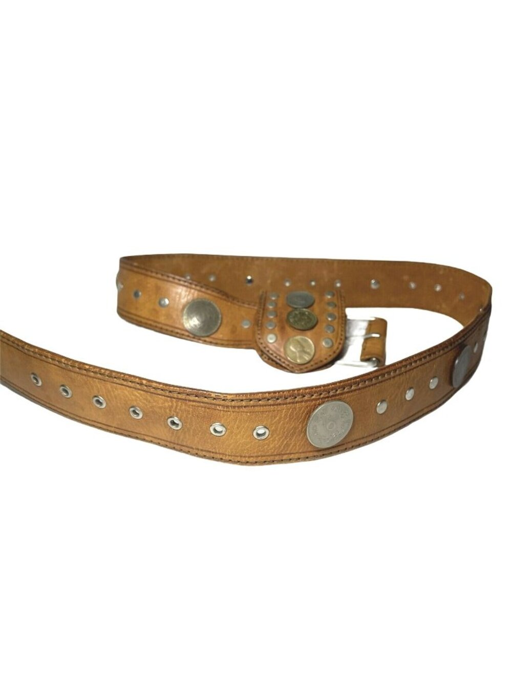 Vintage Cowhide Leather Women's Belt with 10 International Coins and Small Bag